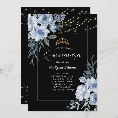 Dusty Blue Floral Black Quinceaera Invitation