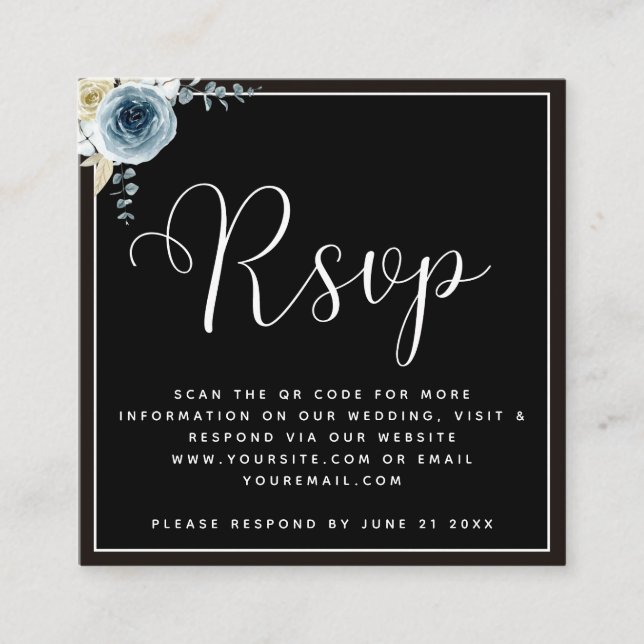 Dusty Blue Floral Black White Wedding RSVP QR Code Enclosure Card (Front)