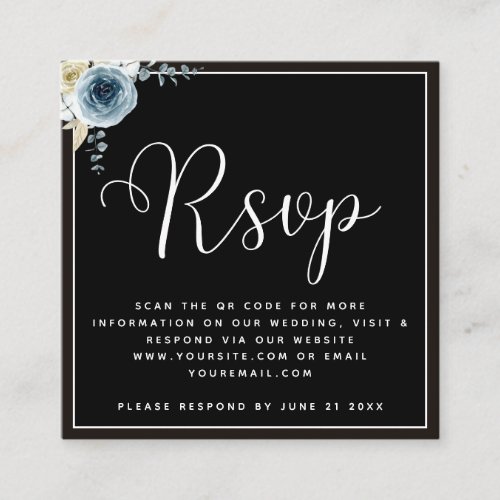 Dusty Blue Floral Black White Wedding RSVP QR Code Enclosure Card