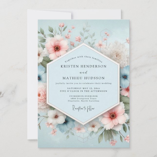 Dusty Blue Floral Bliss Wedding Invitation (Front)