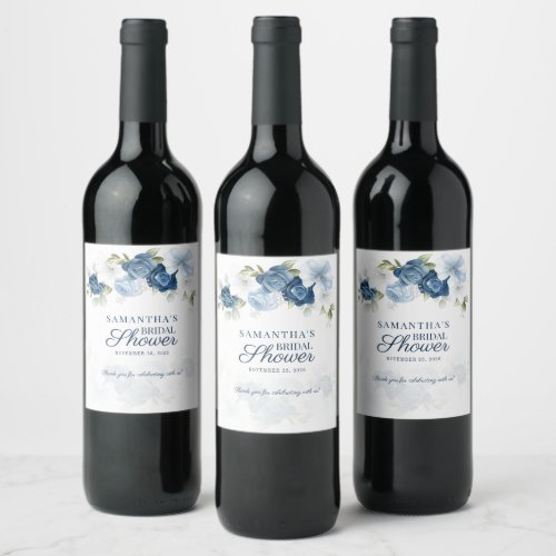 Dusty Blue Floral Bloom Eucalyptus Bridal Shower Wine Label