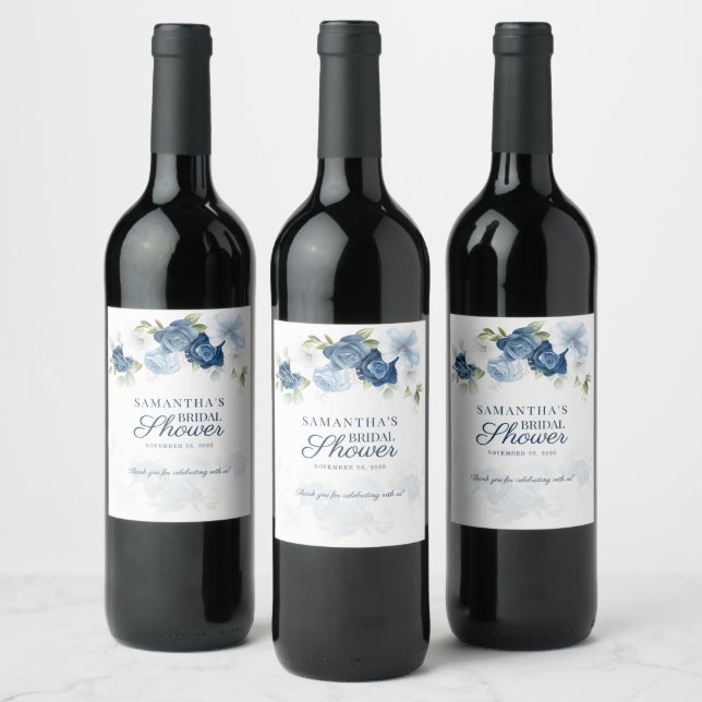 Dusty Blue Floral Bloom Eucalyptus Bridal Shower Wine Label (Bottles)