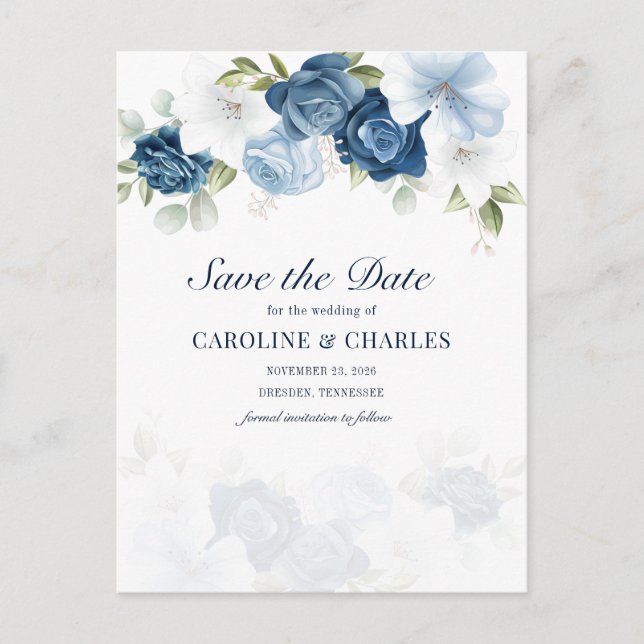 Dusty Blue Floral Bloom Eucalyptus Save the Date Announcement Postcard (Front)