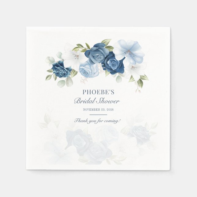 Dusty Blue Floral Bloom Eucalyptus Succulent Napkins (Front)