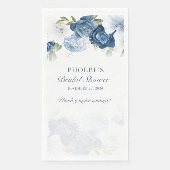 Dusty Blue Floral Bloom Eucalyptus Succulent Paper Guest Towels (Front)