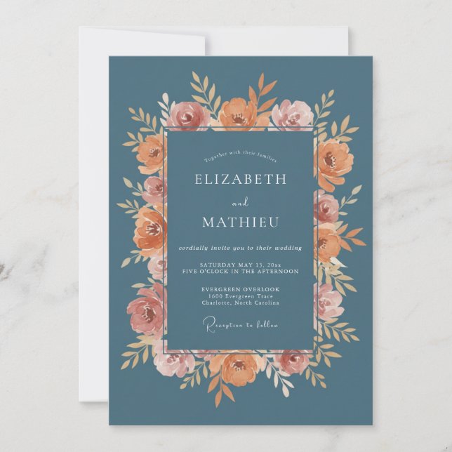 Dusty Blue Floral Bloom Wedding Invitation (Front)