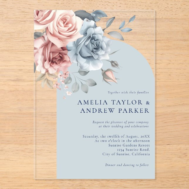 Dusty Blue Floral Blush Pink Rose Arch Wedding  Acrylic Invitations (Front)