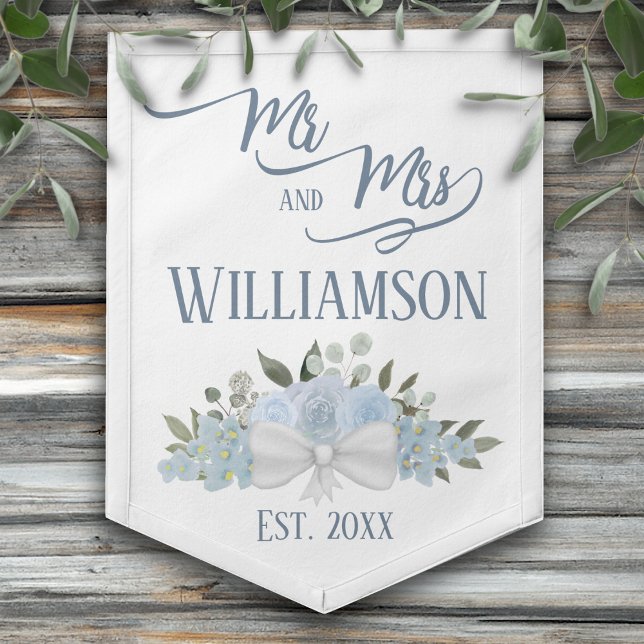 Dusty Blue Floral Boho Chic Mr. & Mrs. Wedding Pennant (Creator Uploaded)