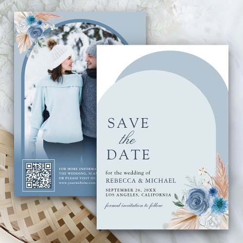 Dusty Blue Floral Boho Pampas Arch Photo QR Code Save The Date