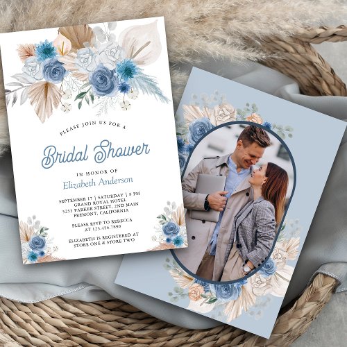 Dusty Blue Floral Boho Pampas Photo Bridal Shower Invitation