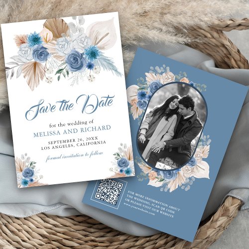 Dusty Blue Floral Boho Pampas Photo QR Code Save The Date