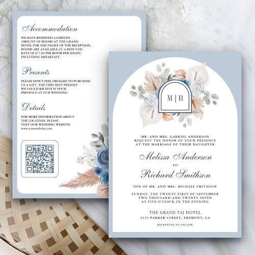 Dusty Blue Floral Boho Pampas QR Code Wedding Invitation
