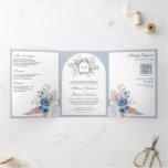 Dusty Blue Floral Boho Pampas QR Code Wedding Tri-Fold Invitation