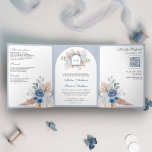 Dusty Blue Floral Boho Pampas QR Code Wedding Tri-Fold Invitation