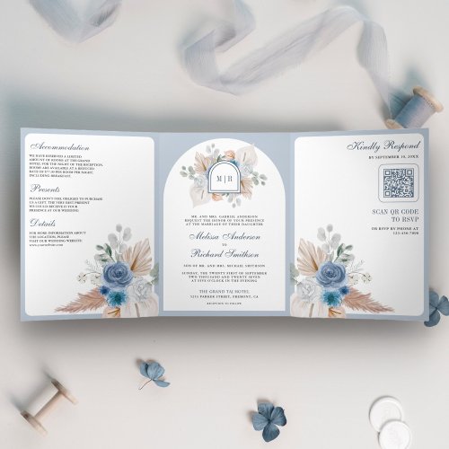 Dusty Blue Floral Boho Pampas QR Code Wedding Tri_Fold Invitation