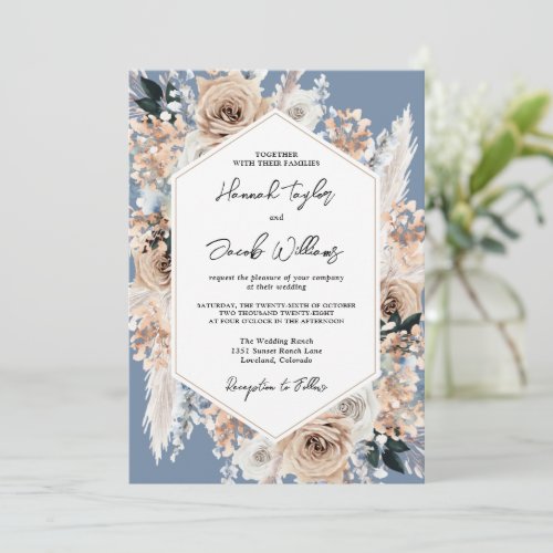 Dusty Blue Floral Boho Wedding Invitation