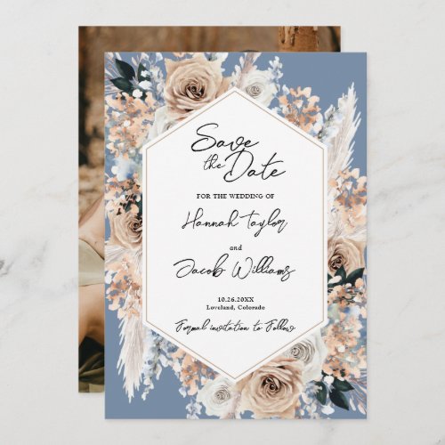 Dusty Blue Floral Boho Wedding Photo Save the Date