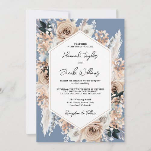 Dusty Blue Floral Boho Wedding QR Code RSVP Invitation