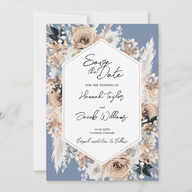 Dusty Blue Floral Boho Wedding Save The Date (Front)