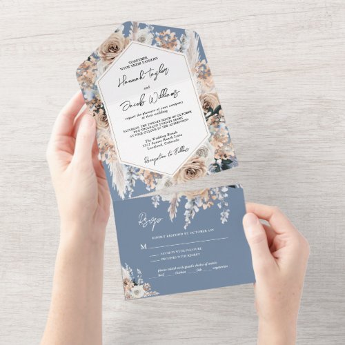 Dusty Blue Floral Boho Wedding with RSVP  All In One Invitation