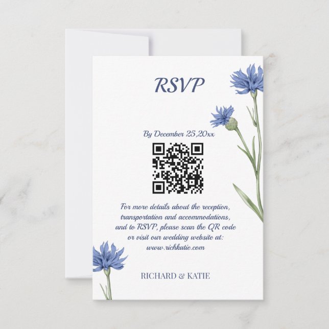 Dusty Blue Floral Bold Stylish QR Code RSVP card (Front)