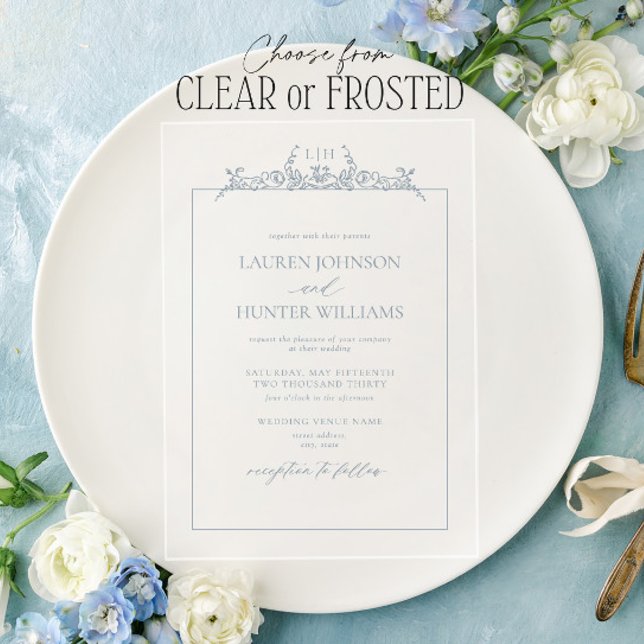 Dusty Blue Floral Border Monogram Wedding Acrylic Invitations (Creator Uploaded)