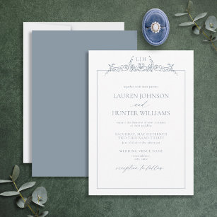 Dusty Blue Floral Border Monogram Wedding Invitation