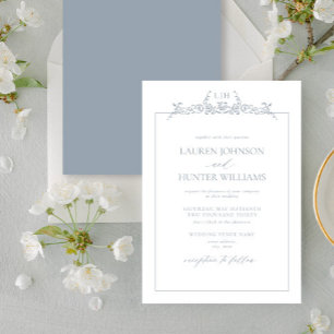 Dusty Blue Floral Border Monogram Wedding Invitation