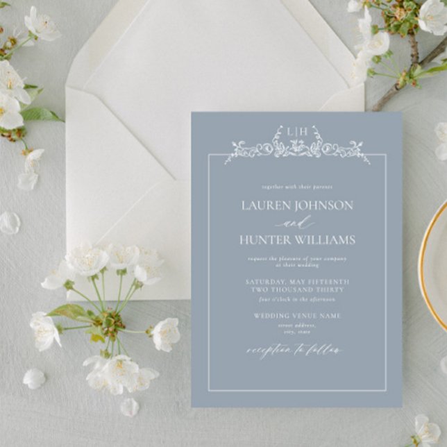 Dusty Blue Floral Border Monogram Wedding Invitation (Creator Uploaded)