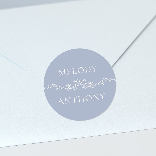 Dusty Blue Floral Border Monograms Classic Round S Classic Round Sticker (Creator Uploaded)