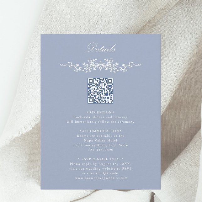 Dusty Blue Floral Border QR Code Wedding Details Enclosure Card (Creator Uploaded)