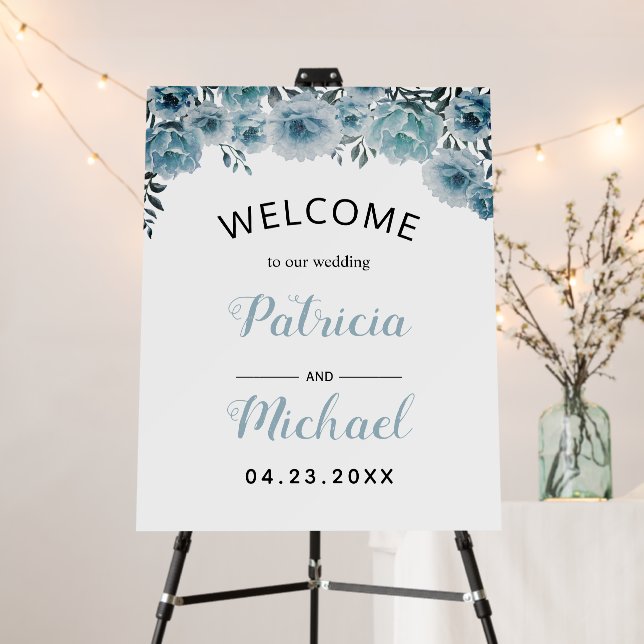 Dusty blue floral border wedding welcome foam board (In Situ (Stand))