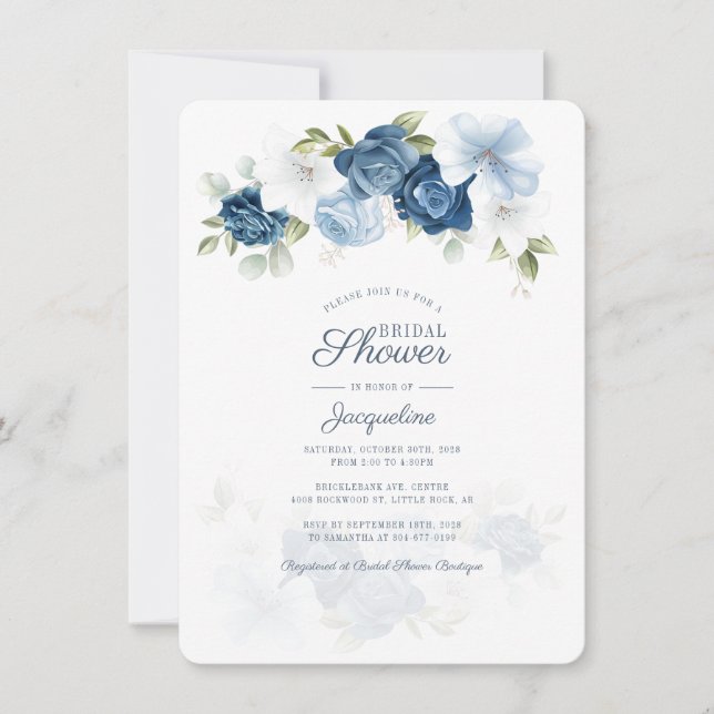 Dusty Blue Floral Botanical Bridal Shower Invitation (Front)