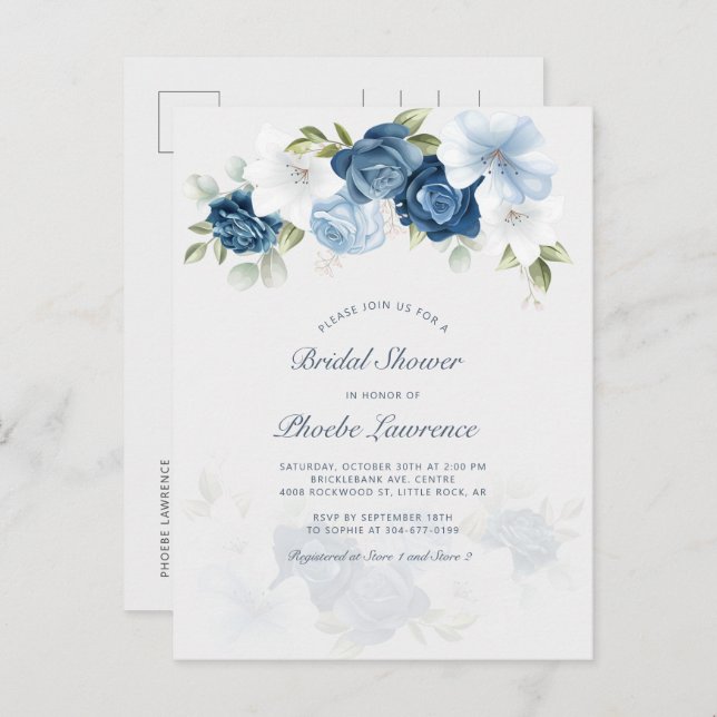 Dusty Blue Floral Botanical Bridal Shower Invitation Postcard (Front/Back)