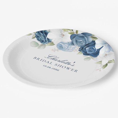 Dusty Blue Floral Botanical Bridal Shower Paper Plates