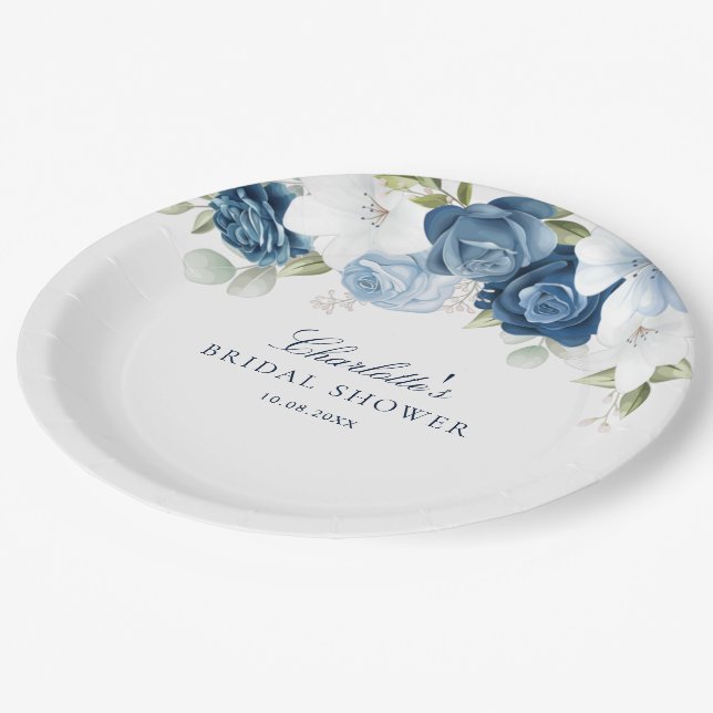 Dusty Blue Floral Botanical Bridal Shower Paper Plates (Angled)