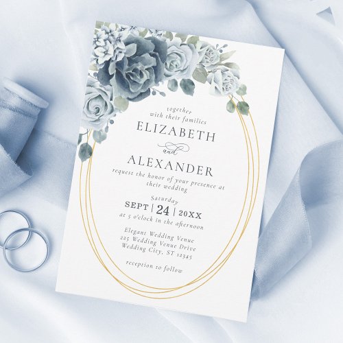 Dusty Blue Floral Botanical Elegant Wedding Invitation