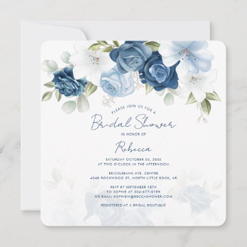 Dusty Blue Floral Botanical Greenery Bridal Shower Invitation