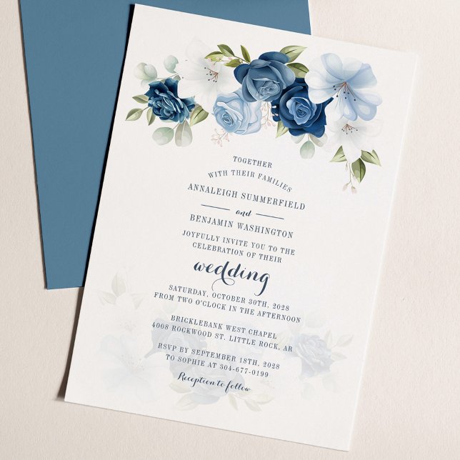 Dusty Blue Floral Botanical Greenery Wedding (Dusty Blue Floral Elegant Script Wedding Invitation)