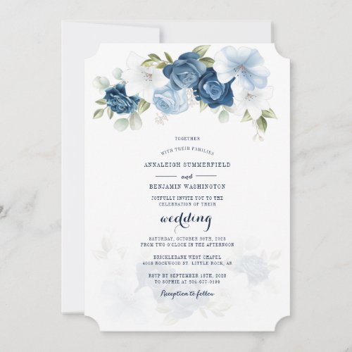 Dusty Blue Floral Botanical Script Wedding Invitation