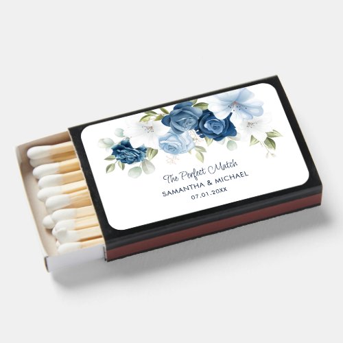 Dusty Blue Floral Botanical Script Wedding Matchboxes