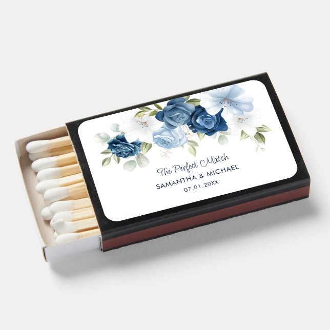 Dusty Blue Floral Botanical Script Wedding Matchboxes (Front Open)
