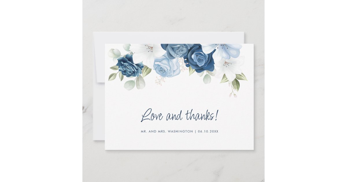 Dusty Blue Floral Botanical Watercolor Wedding Thank You Card | Zazzle