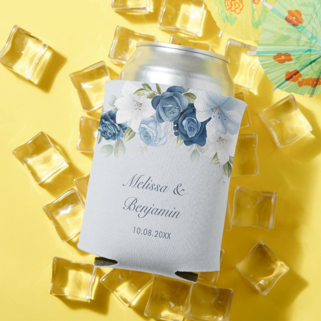 Dusty Blue Floral Botanical Wedding Can Cooler (In Situ Summer)