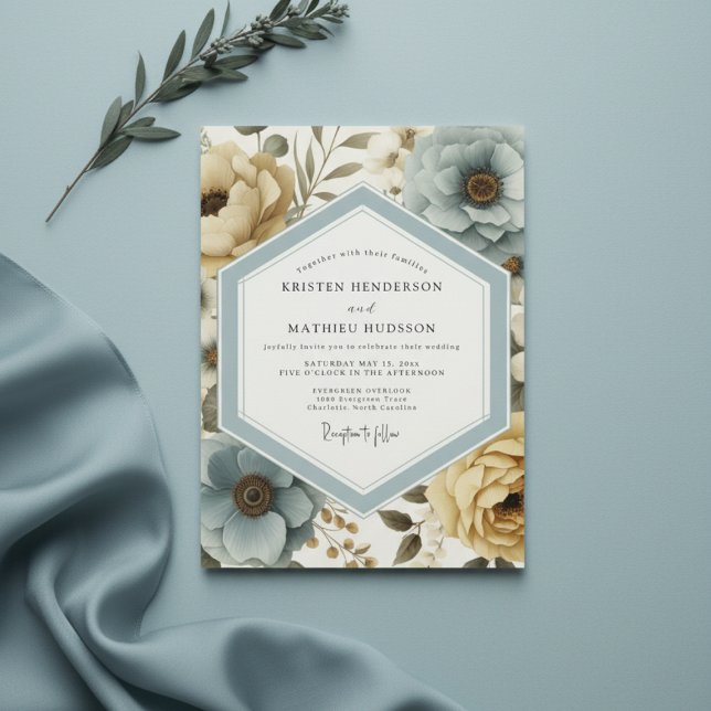 Dusty Blue Floral Botanical Wedding Invitation (Creator Uploaded)