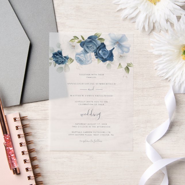 Dusty Blue Floral Botanical Wedding Vellum Invitations (Wedding)