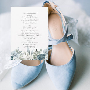 Dusty Blue Floral Both Parents White Wedding Invitation