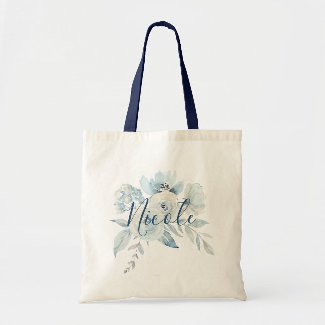 Dusty Blue Floral Bouquet Personalized Tote Bag (Front)