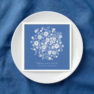 Dusty Blue Floral Bouquet Wedding names and date Napkins