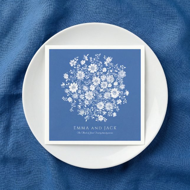 Dusty Blue Floral Bouquet Wedding names and date Napkins (Dusty Blue Floral Bouquet Wedding names and date Napkins)